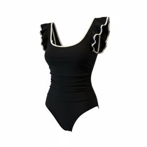 Black One-Piece Swimsuit with Ruffle Sleeves & Bow Back